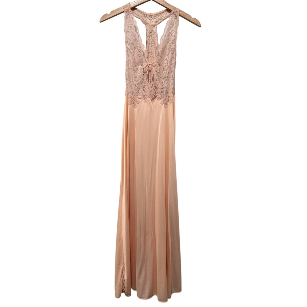 Vtg Glydons Maxi Slip‎ Dress S Pink Peach Satin Lace Coquette Lingerie Nightgown